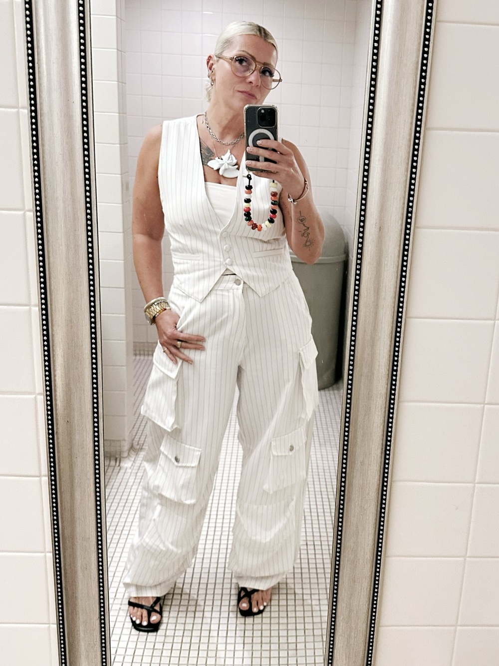 AFRM White Pinstripe Cargo Vest & Wide-Leg Pants Set - Picture 1 of 9
